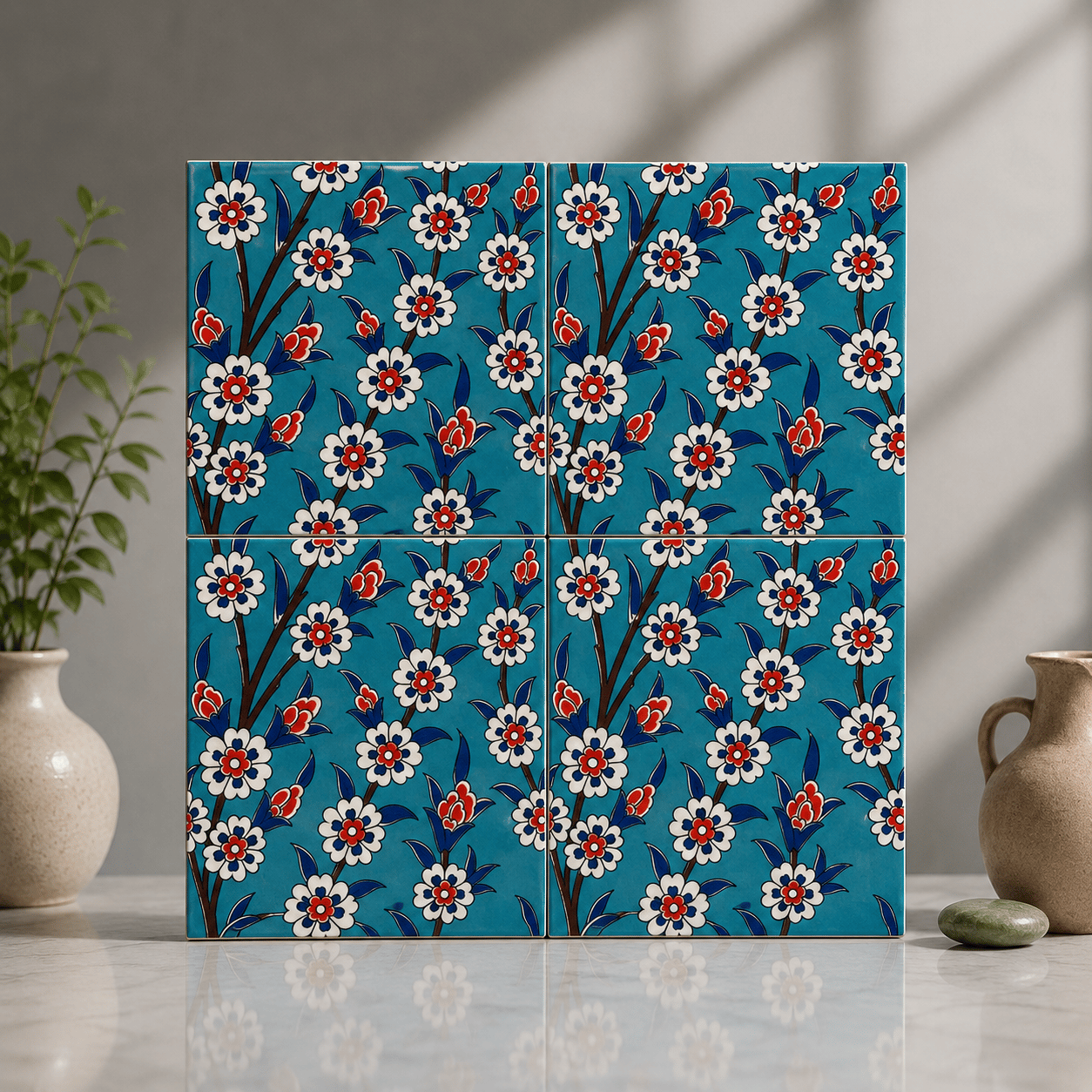 Armada Çini 20x20 Cm Ac 60 Turkuaz Papatya Kütahya Çini Desenli Karo