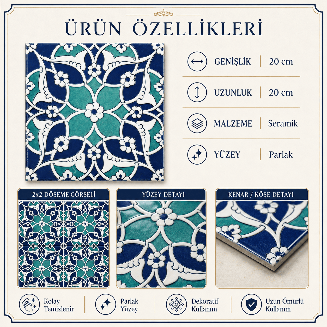 Armada Çini 20x20 Cm Ac 80 Selçuklu İznik Desen Kütahya Çini Karo