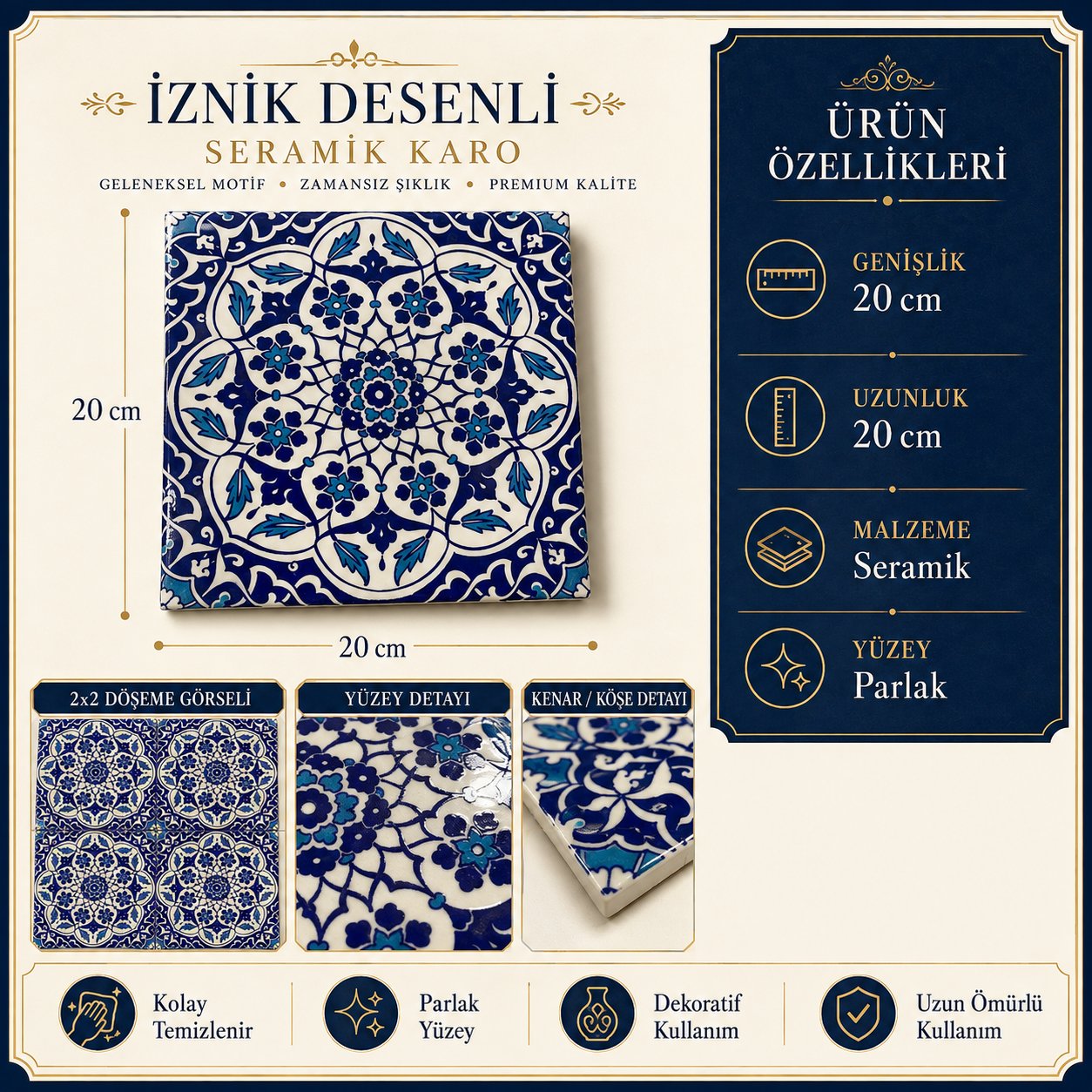 Armada Çini 20x20 Cm Ac 92 Osmanlı Mavi Beyaz Kütahya Çini Karo