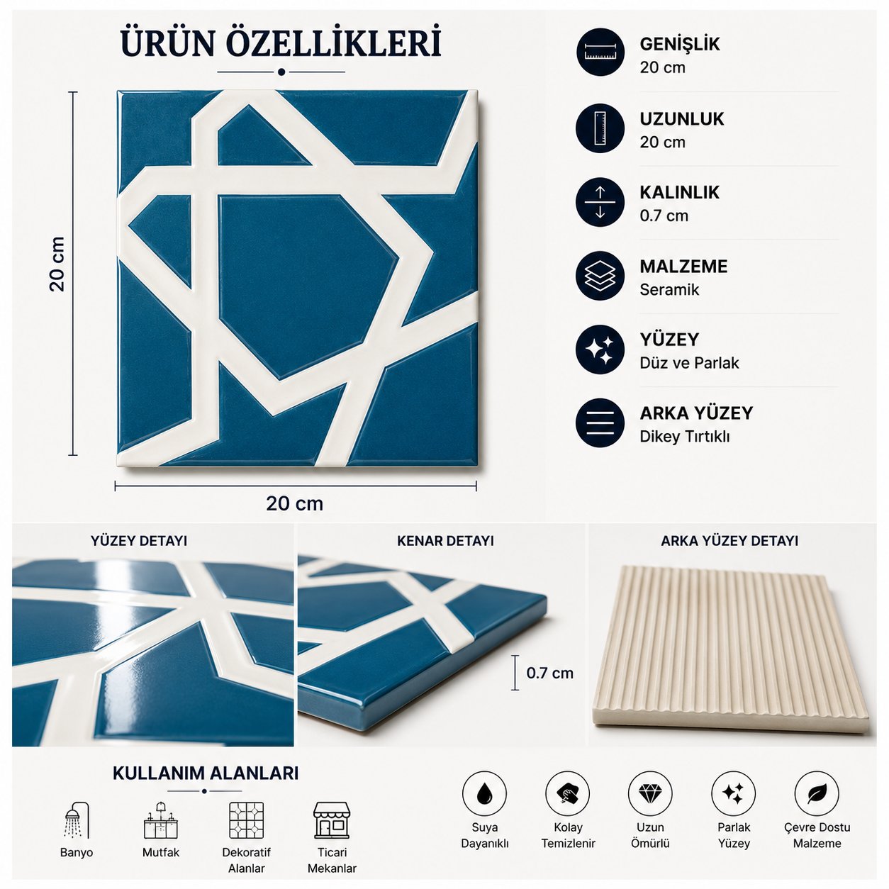 Armada çini 20x20 cm SP 100 Mavi Beyaz Desenli Kütahya çinisi