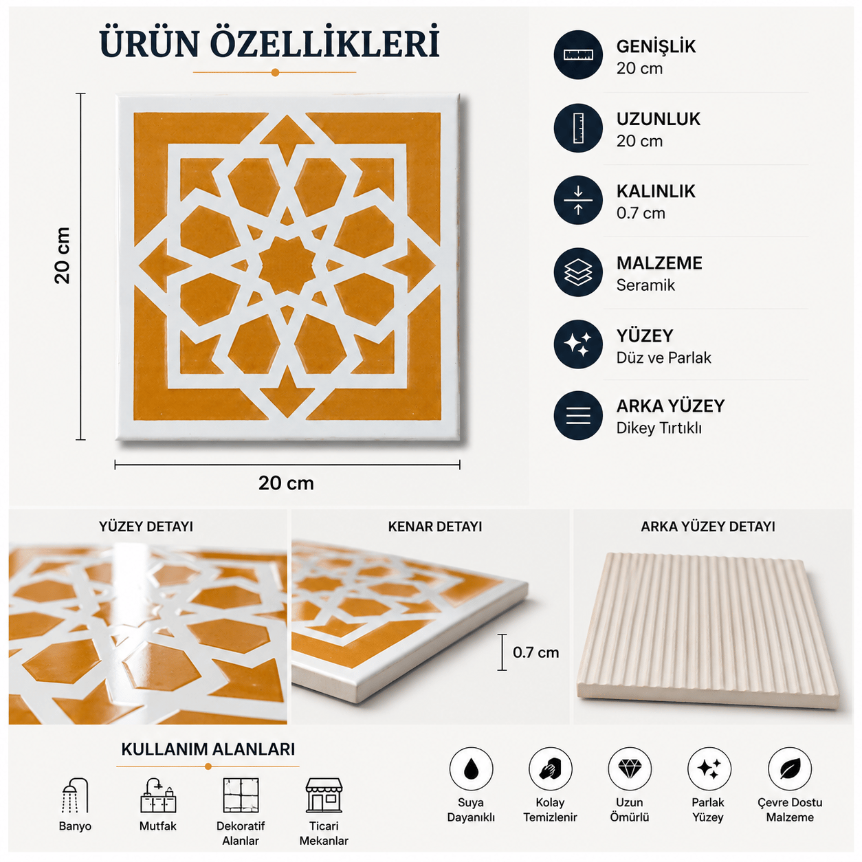 Armada Çini 20x20 Cm SP 101 Sarı Türk Yıldızı Kütahya İznik Çini Karo