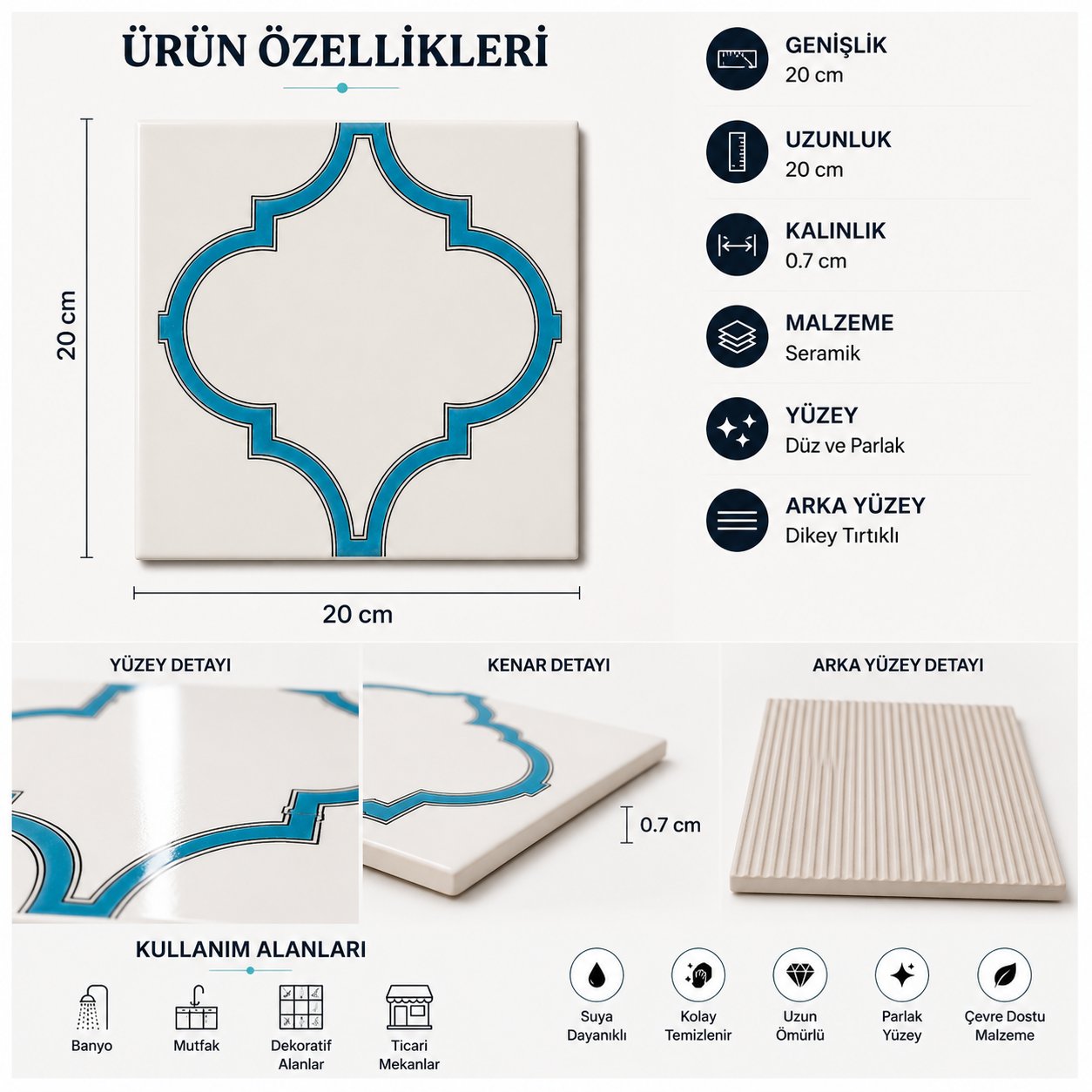 Armada çini 20x20 cm SP 103 Arabesk Mavi Beyaz Desenli Kütahya çini