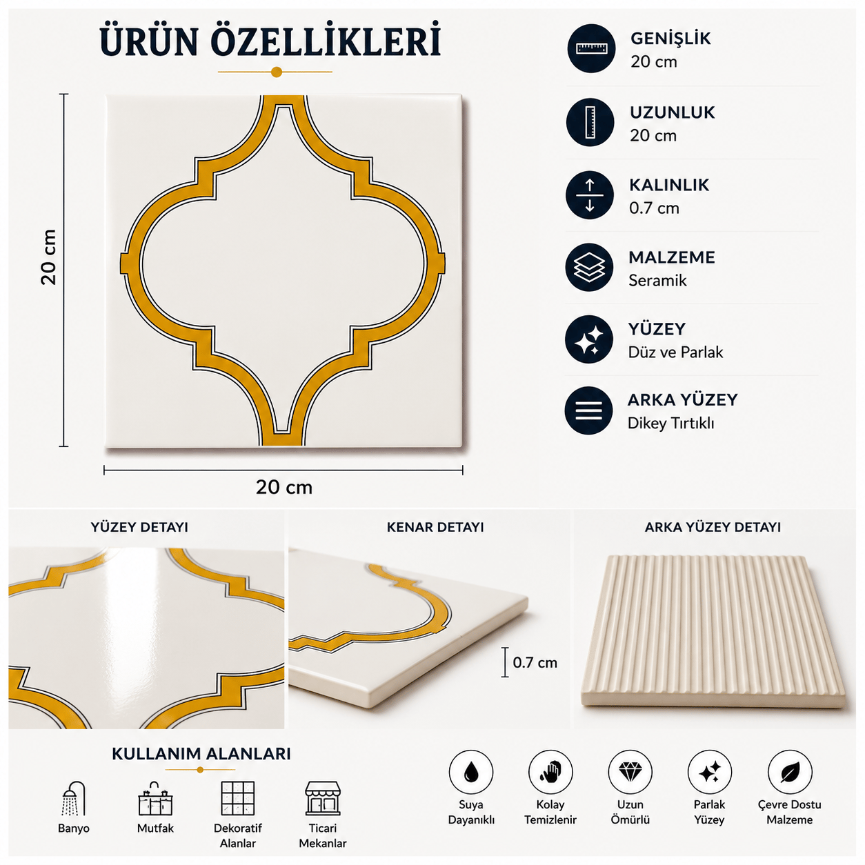 Armada çini 20x20 cm SP 103 Arabesk Sarı Beyaz Desenli Kütahya çini