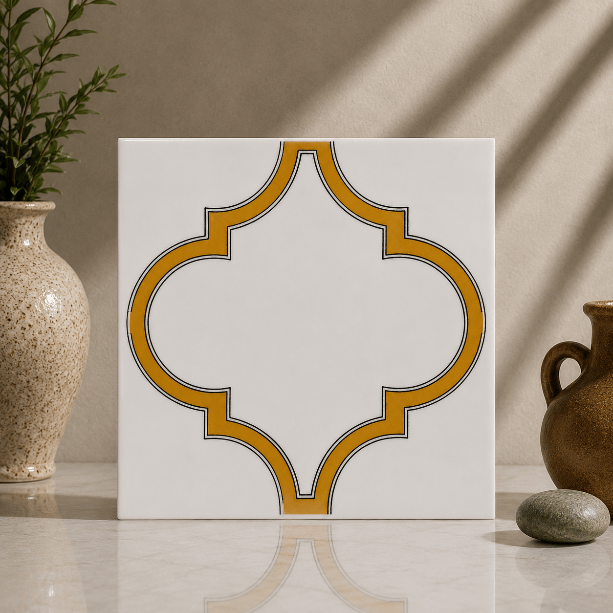 Armada çini 20x20 cm SP 103 Arabesk Sarı Beyaz Desenli Kütahya çini