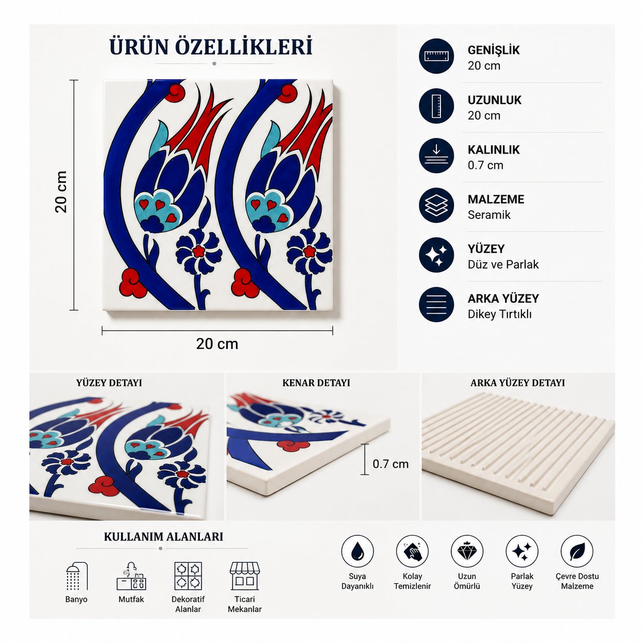 Armada Çini 20x20 Cm SP 77 Kütahya Çinisi İznik Lale Desen Çini Karo