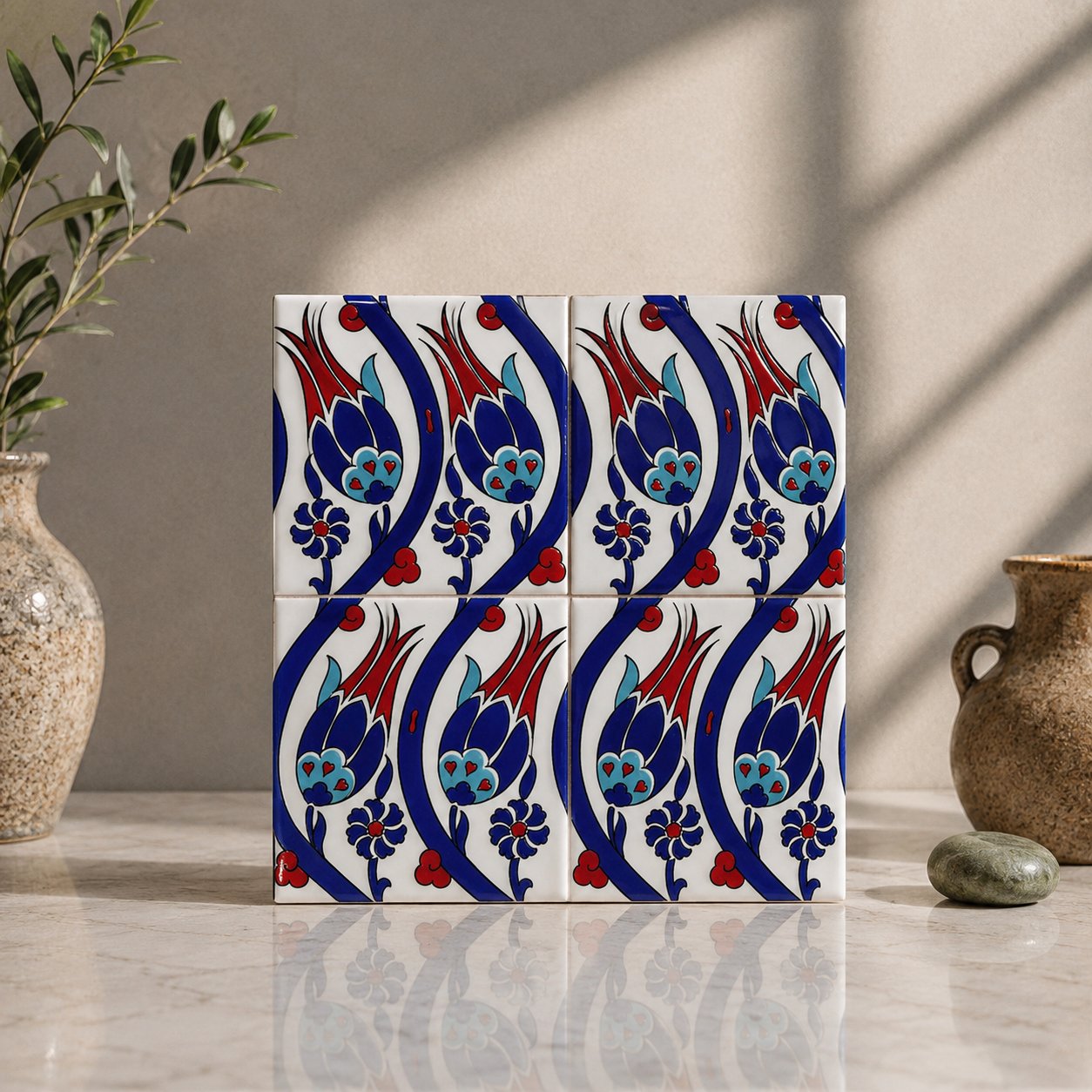 Armada Çini 20x20 Cm SP 77 Kütahya Çinisi İznik Lale Desen Çini Karo