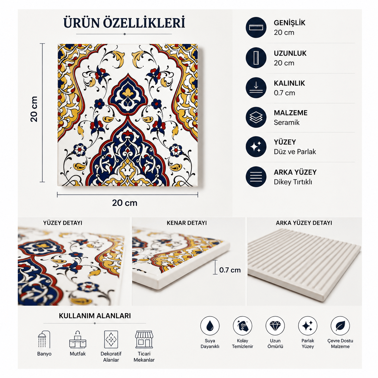 Armada Çini 20x20 Cm SP 79 Kütahya Çinisi Osmanlı Desenli Çini Karo