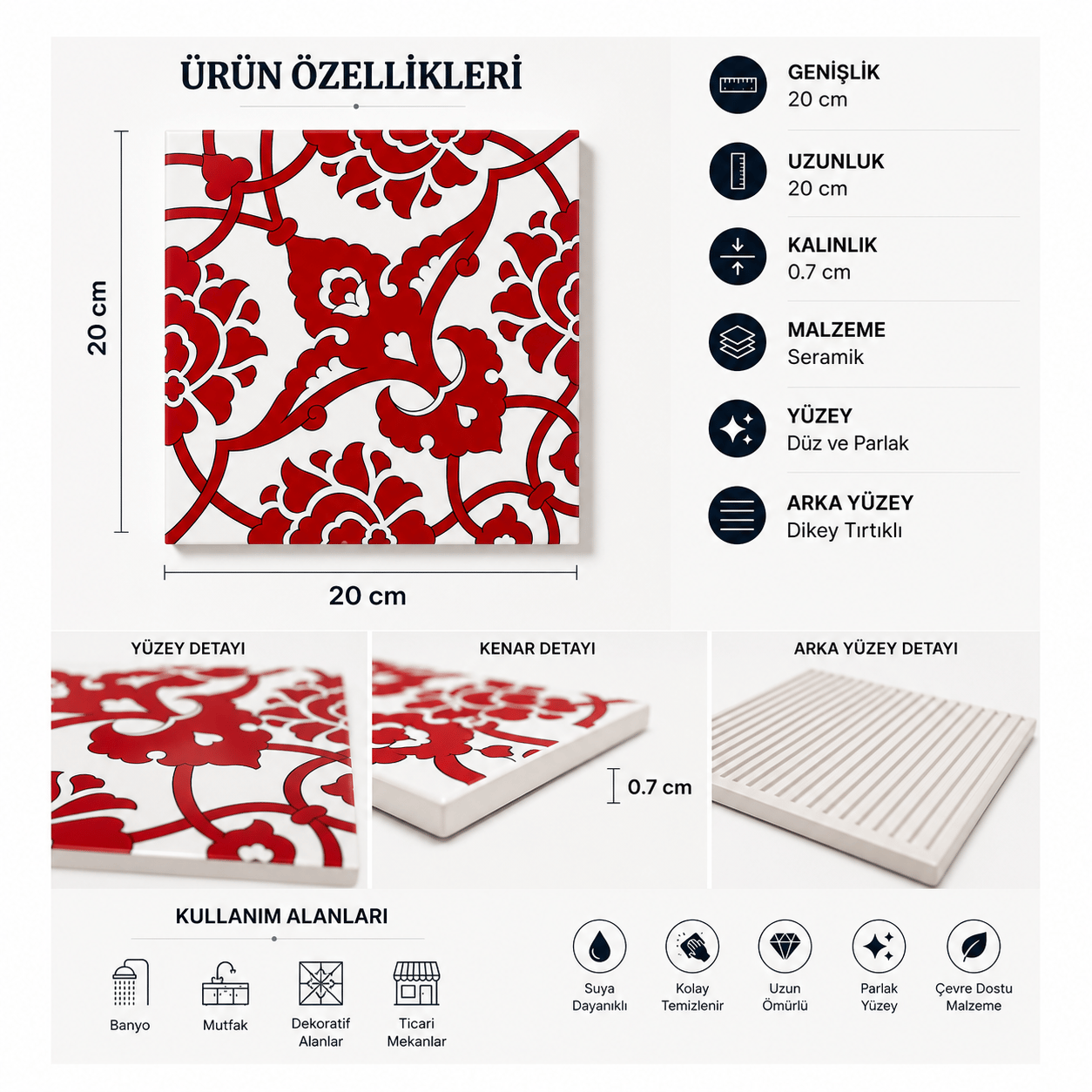 Armada Çini 20x20 Cm SP 83 Kırmızı Beyaz İznik Rumi Desenli Çini Karo