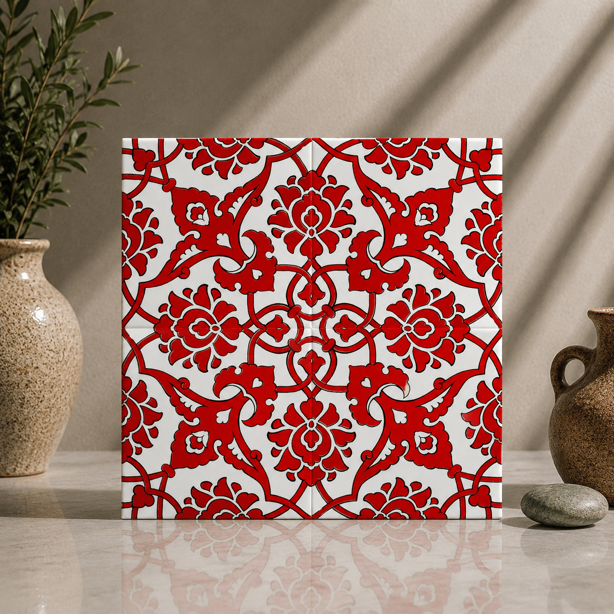 Armada Çini 20x20 Cm SP 83 Kırmızı Beyaz İznik Rumi Desenli Çini Karo
