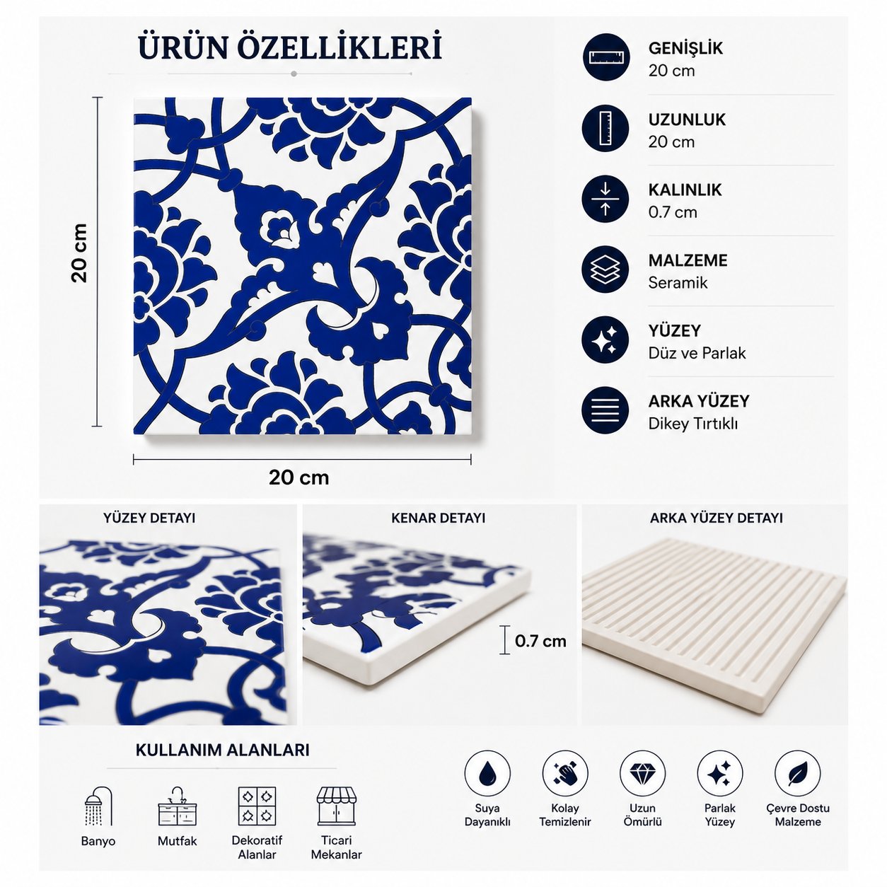 Armada Çini 20x20 Cm SP 83 Kobalt Beyaz İznik Rumi Desenli Çini Karo