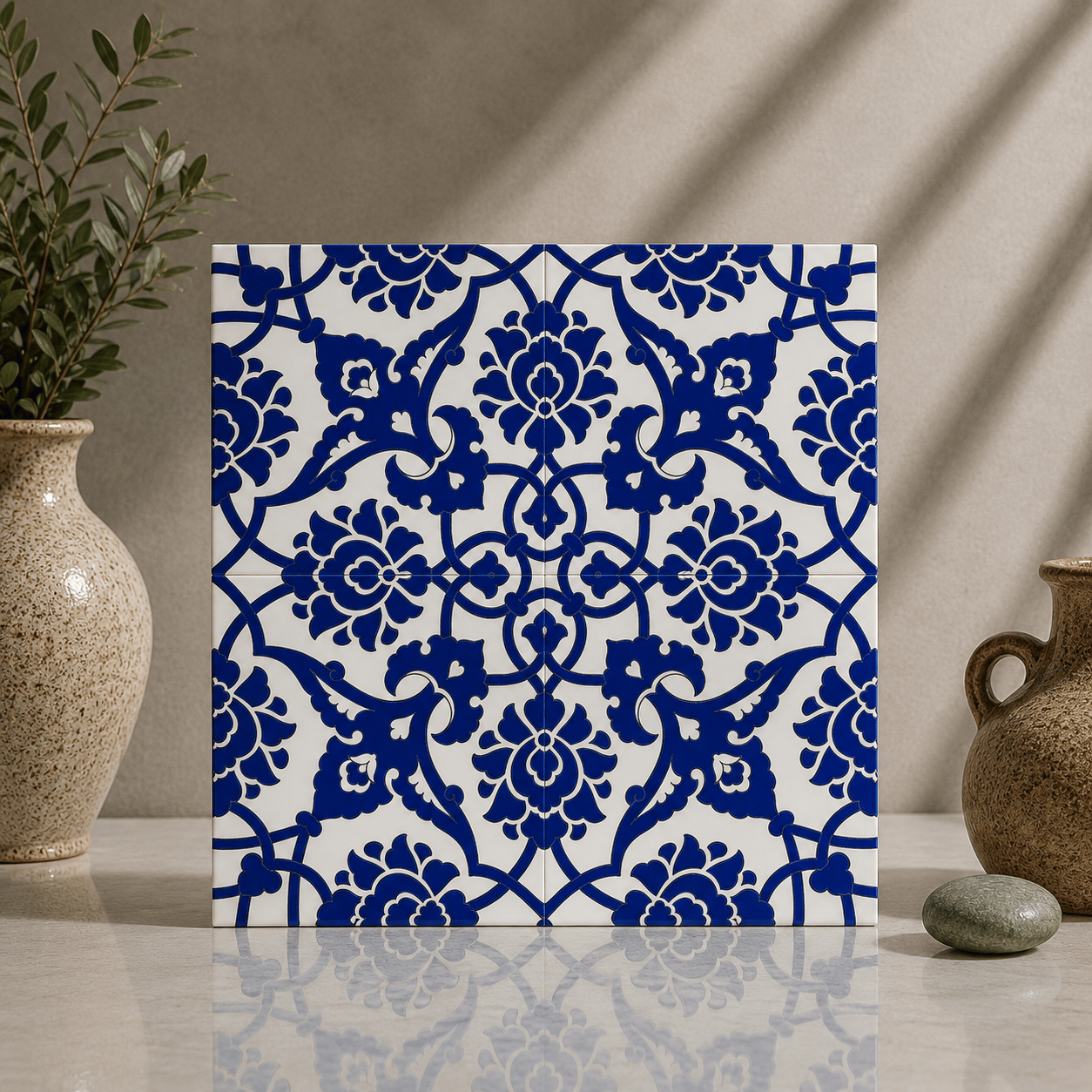 Armada Çini 20x20 Cm SP 83 Kobalt Beyaz İznik Rumi Desenli Çini Karo