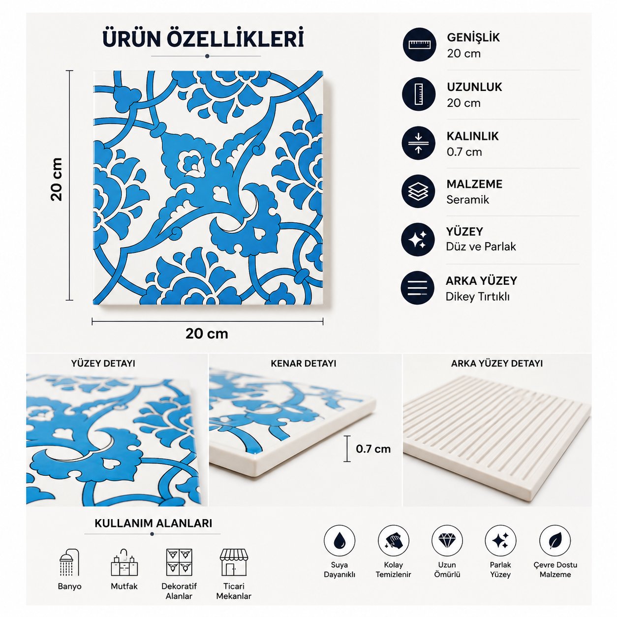 Armada Çini 20x20 Cm SP 83 Mavi Beyaz İznik Rumi Kütahya Çini Karo
