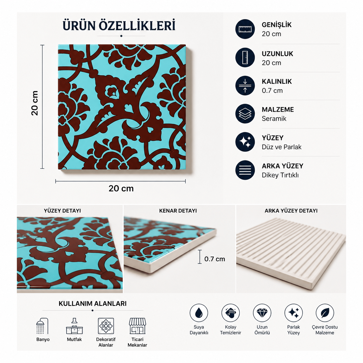 Armada Çini 20x20 Cm SP 83 Turkuaz Kahve Kütahya Çini Seramik Karo
