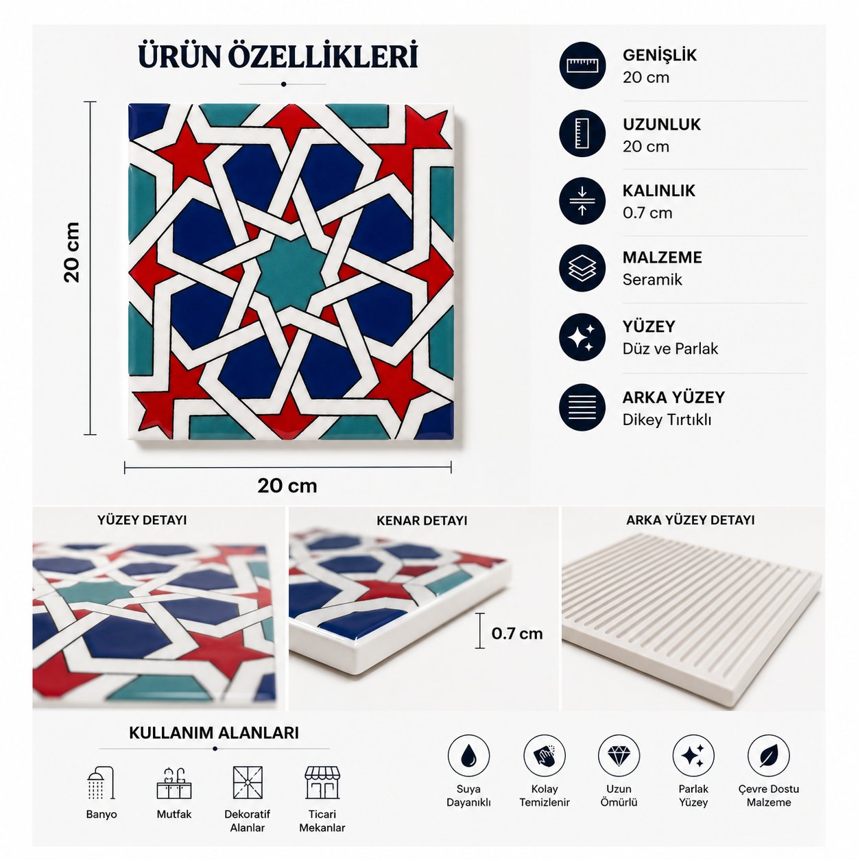 Armada Çini 20x20 Cm SP 88 Kütahya Çinisi Maroc Desenli Çini Karo