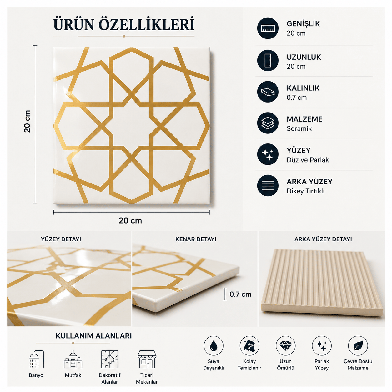 Armada Çini 20x20 Cm SP 89 Beyaz Metalik Kütahya Çinisi Karo