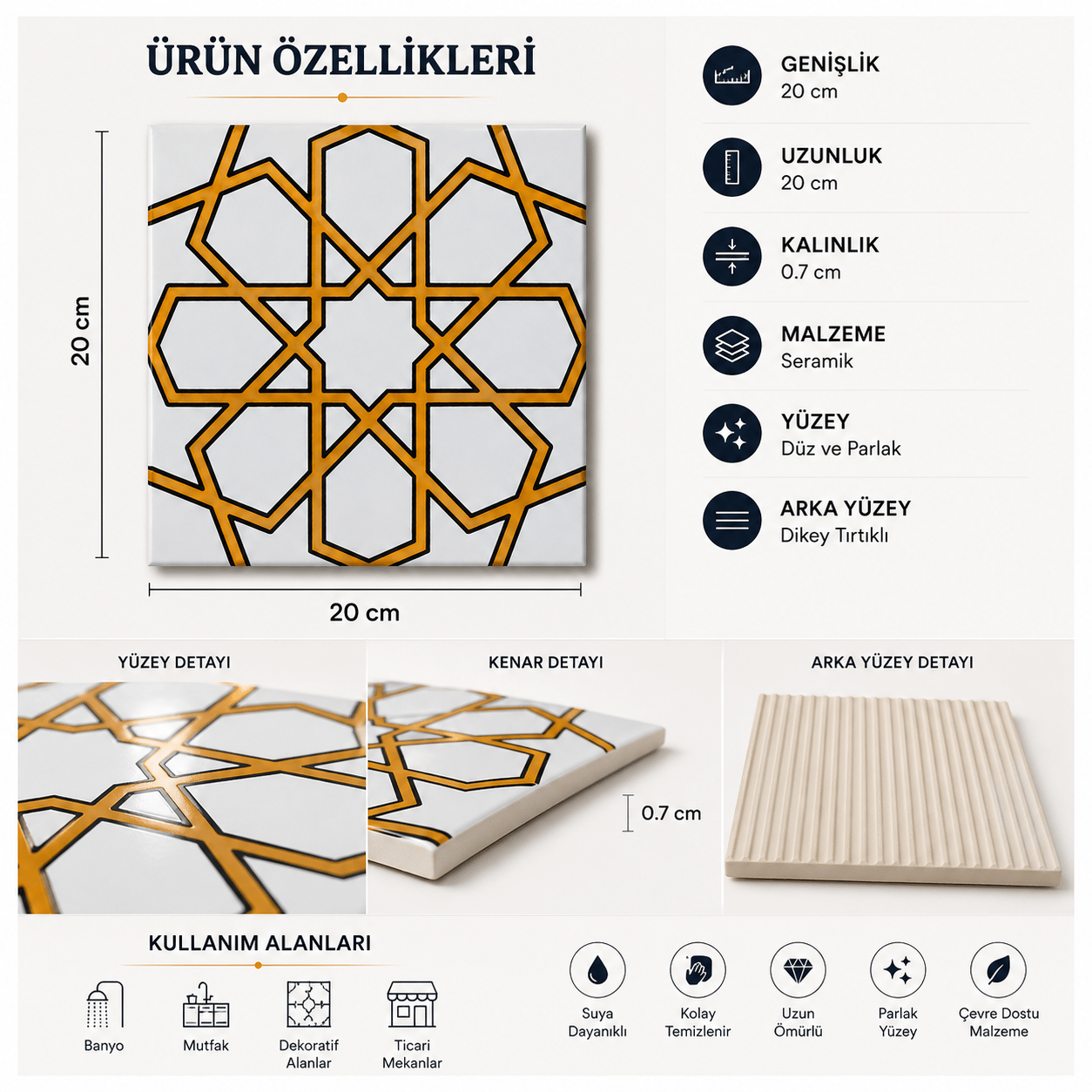 Armada Çini 20x20 Cm SP 89-v Sarı Beyaz Türkmen Yıldızı Çini Karo