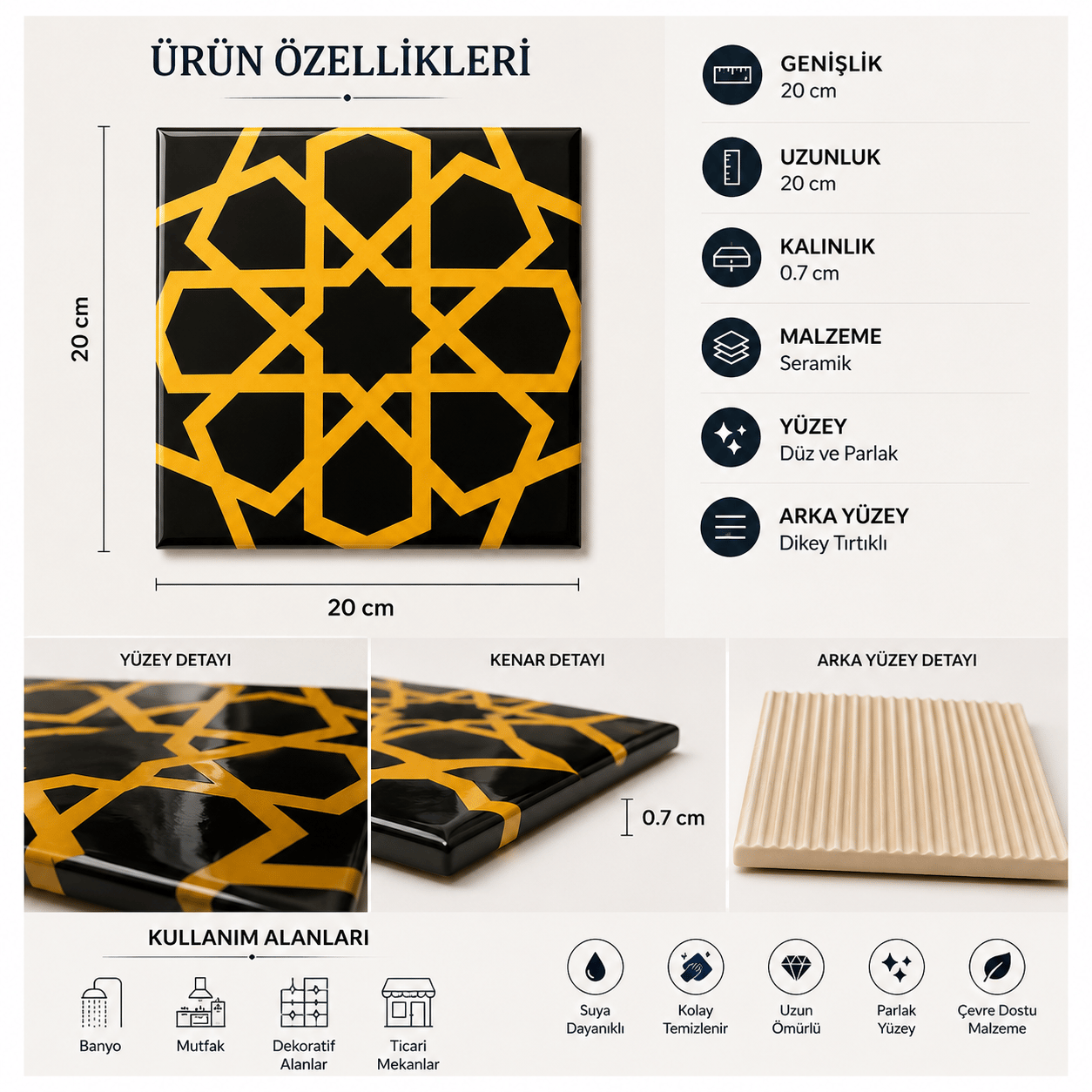 Armada Çini 20x20 Cm SP 89-v Sarı Siyah Türkmen Yıldızı Çini Karo