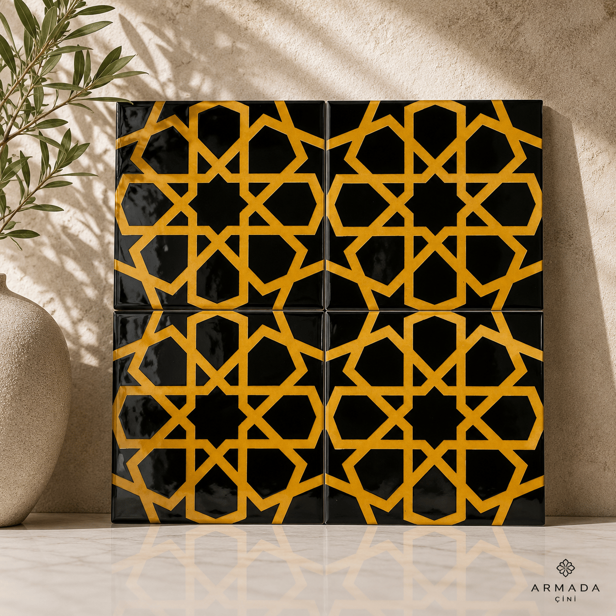 Armada Çini 20x20 Cm SP 89-v Sarı Siyah Türkmen Yıldızı Çini Karo
