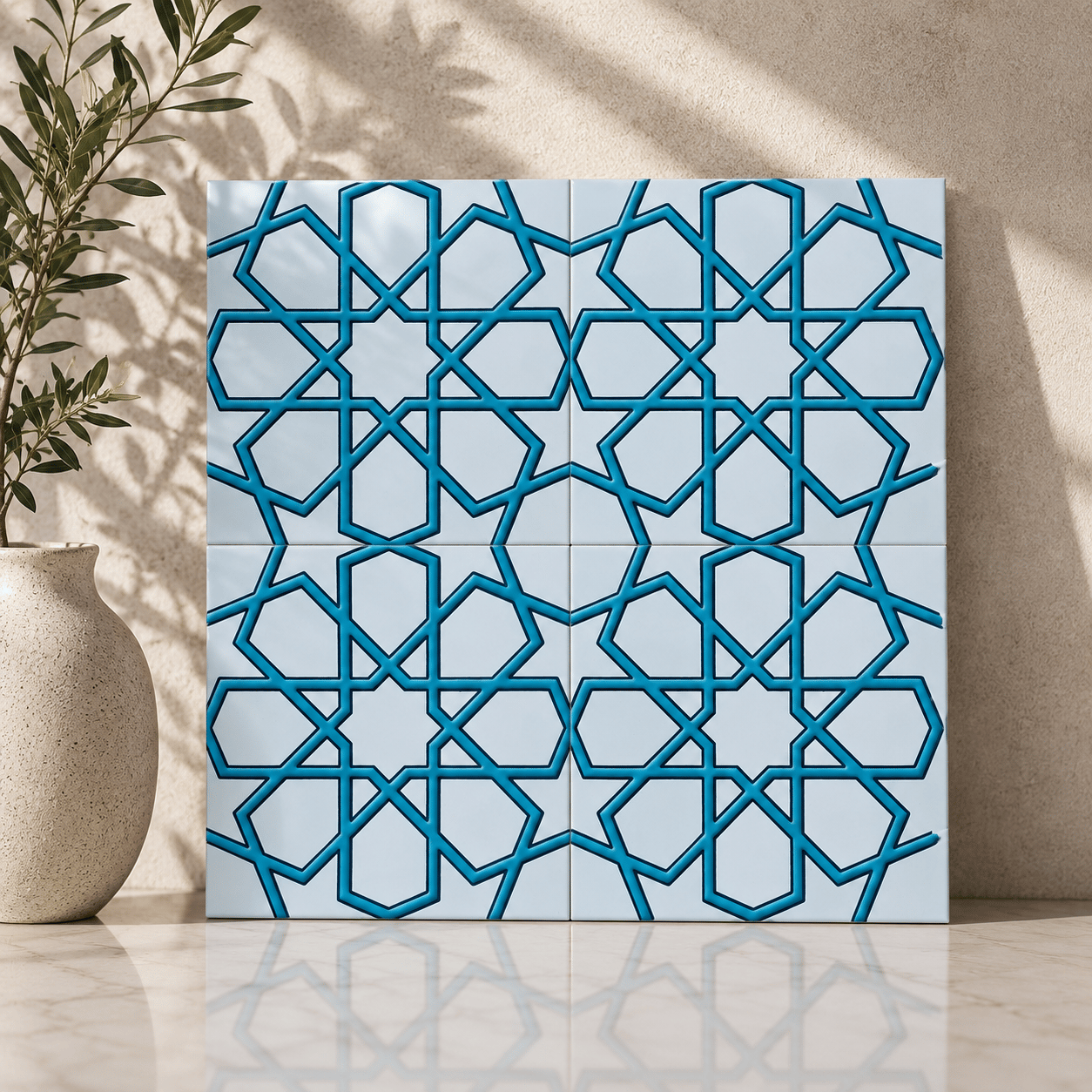Armada Çini 20x20 Cm SP 89-v Turkuaz Beyaz Türkmen Yıldızı Çini Karo