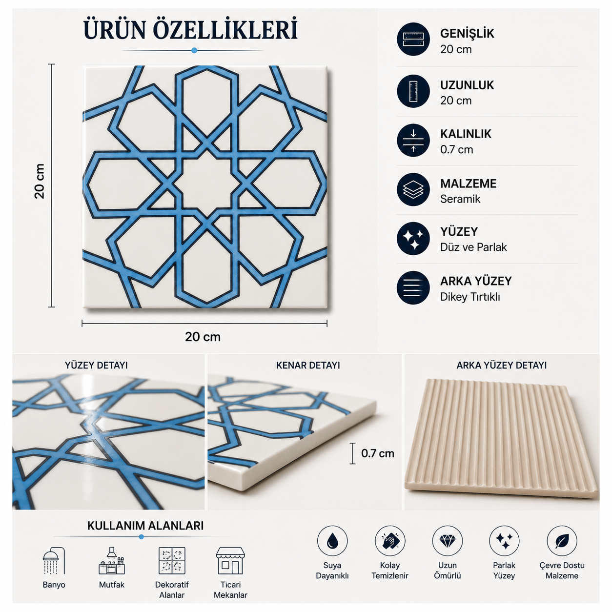 Armada Çini 20x20 Cm SP 89-v Turkuaz Beyaz Türkmen Yıldızı Çini Karo