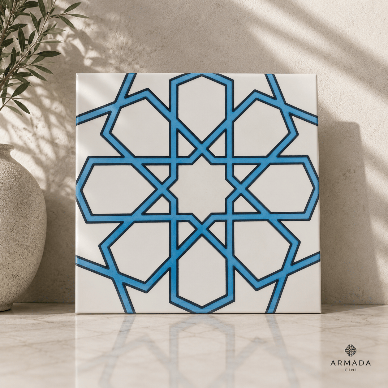 Armada Çini 20x20 Cm SP 89-v Turkuaz Beyaz Türkmen Yıldızı Çini Karo