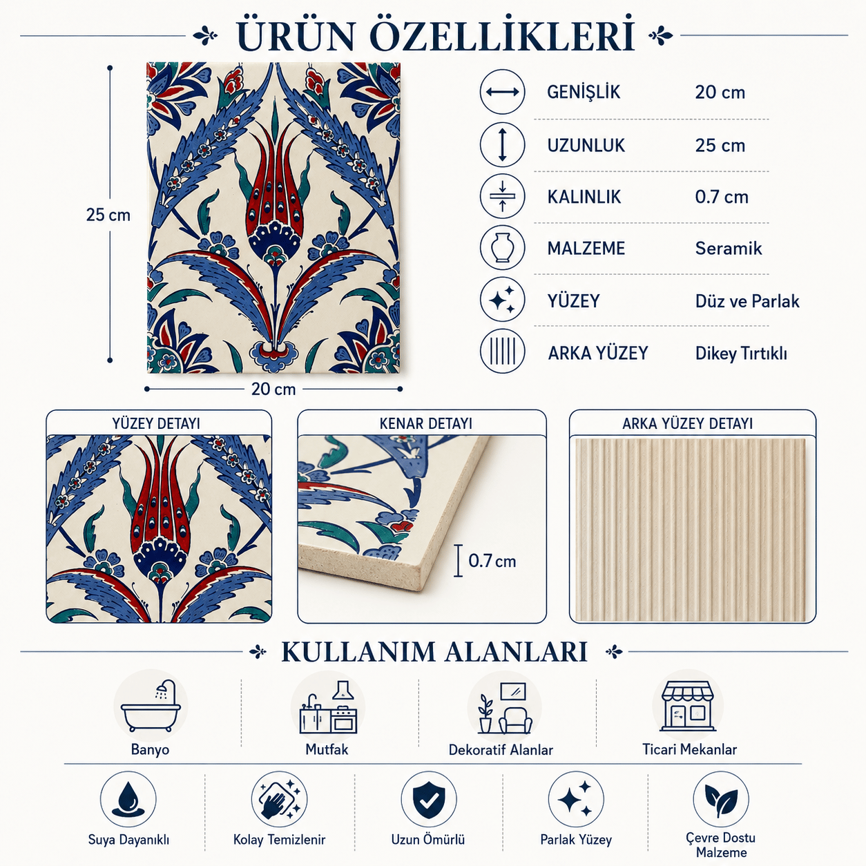 Armada Çini 20x25 Cm AC 1002 Kütahya Çinisi Lale Desenli Çini Karo