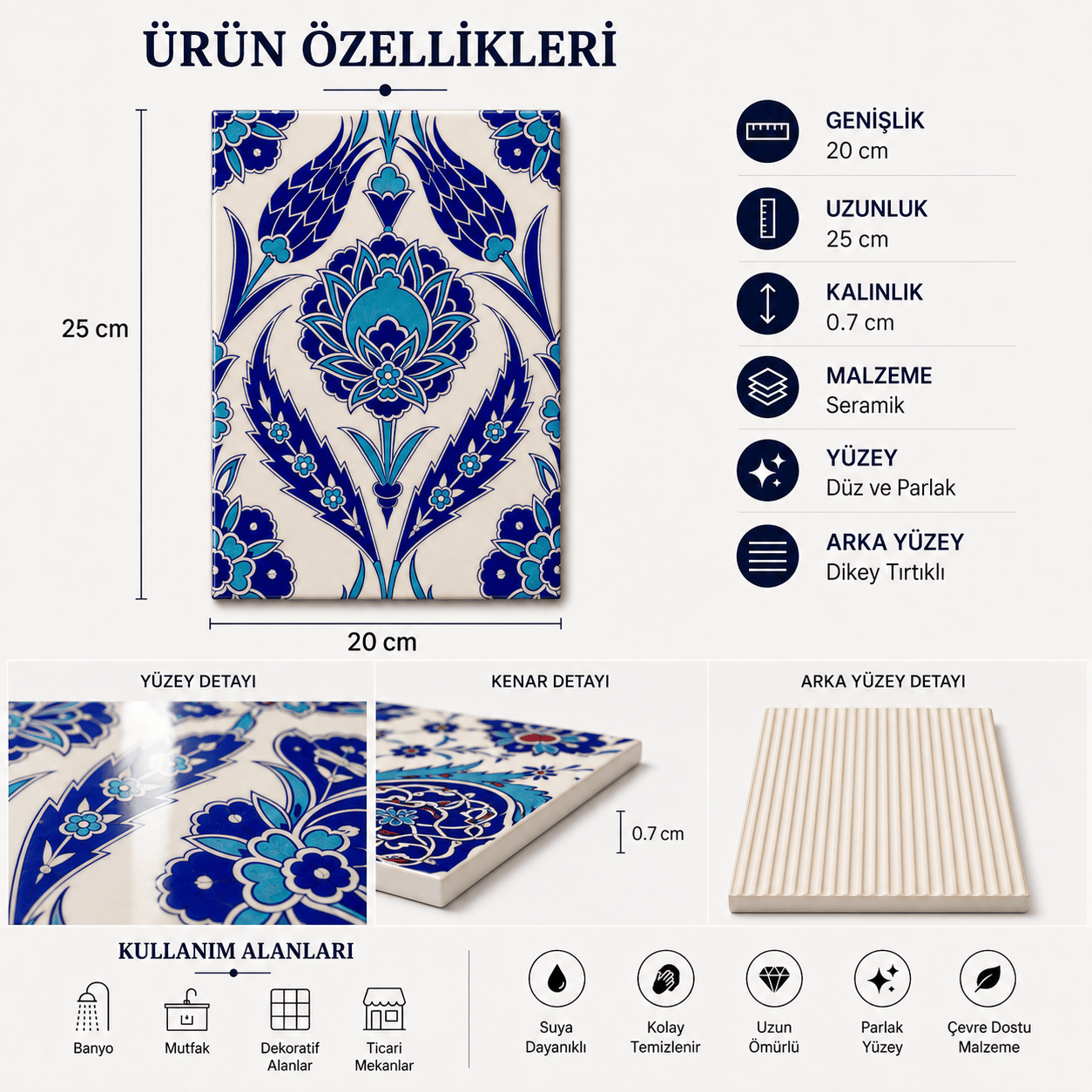 Armada Çini 20x25 Cm Ac 308 Mavi Beyaz Lale desen Kütahya Çini Karo