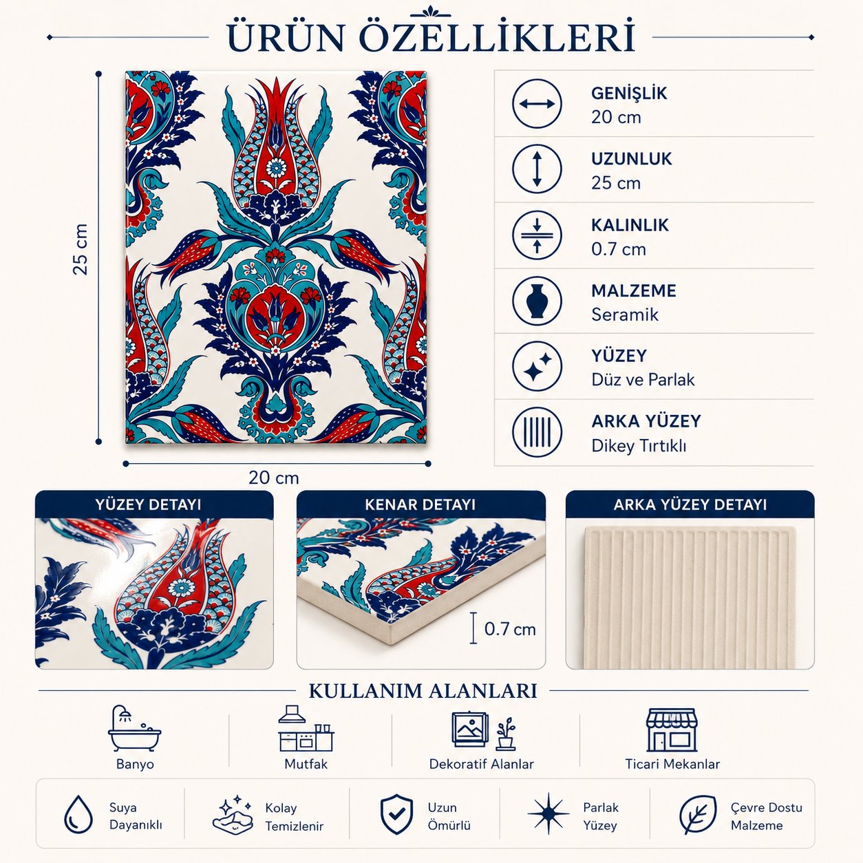 Armada Çini 20x25 Cm Ac 309 Tek Lale Desenli Kütahya Çini Karo