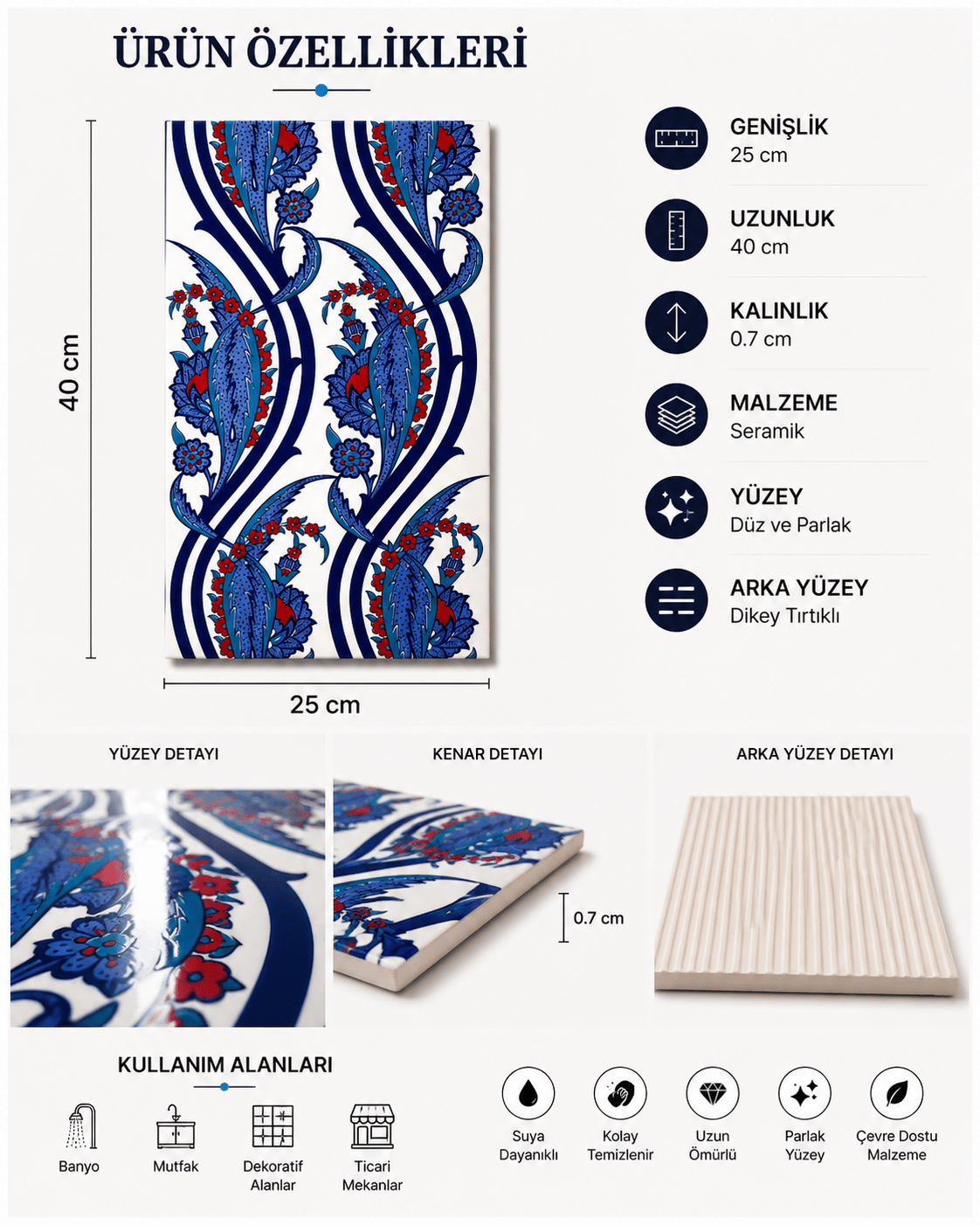 Armada Çini 25x40 Cm SP 404 Desenli İznik Çini Karo Sarmaşık Lale