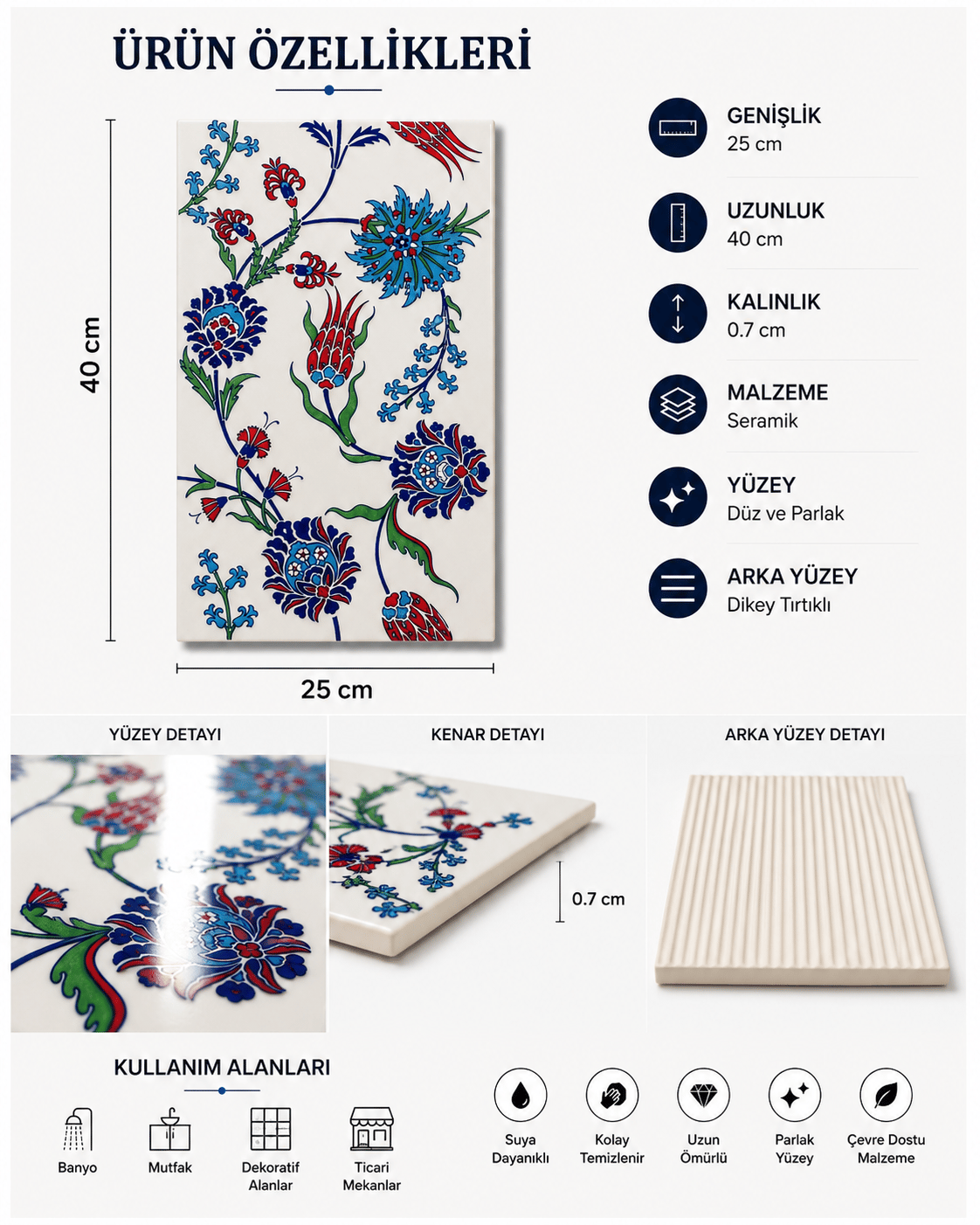 Armada Çini 25x40 Cm SP 405 Desenli İznik Çini Karo Lale Karanfil
