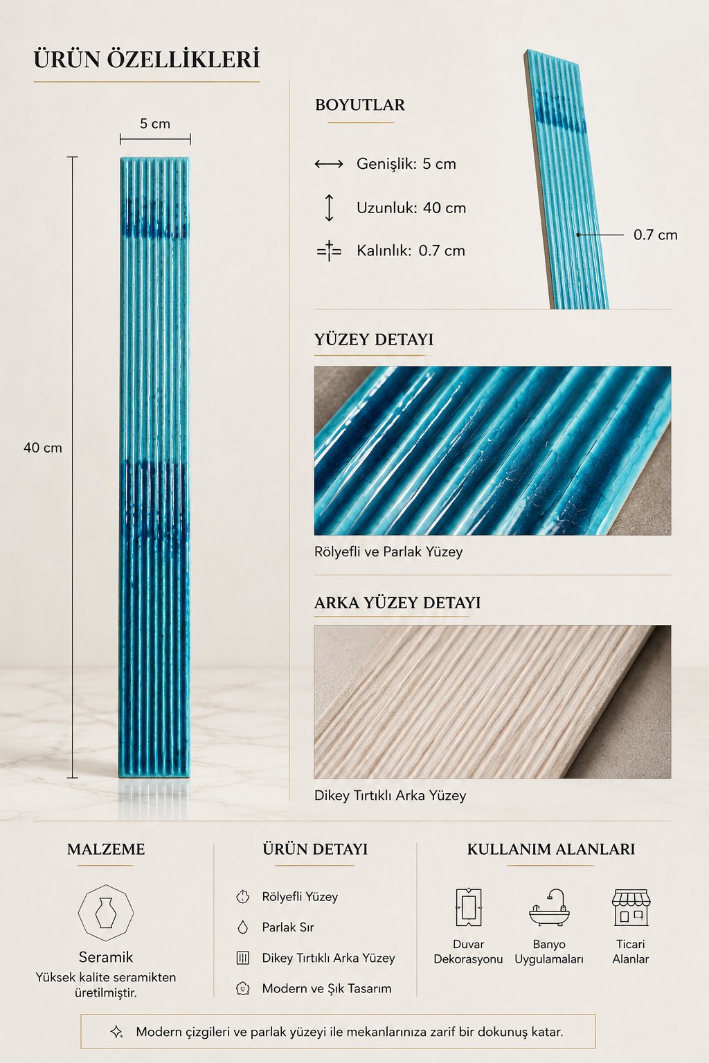Armada Çini 5X40  FLAT Çizgili Petrol Mavisi Çini Seramik