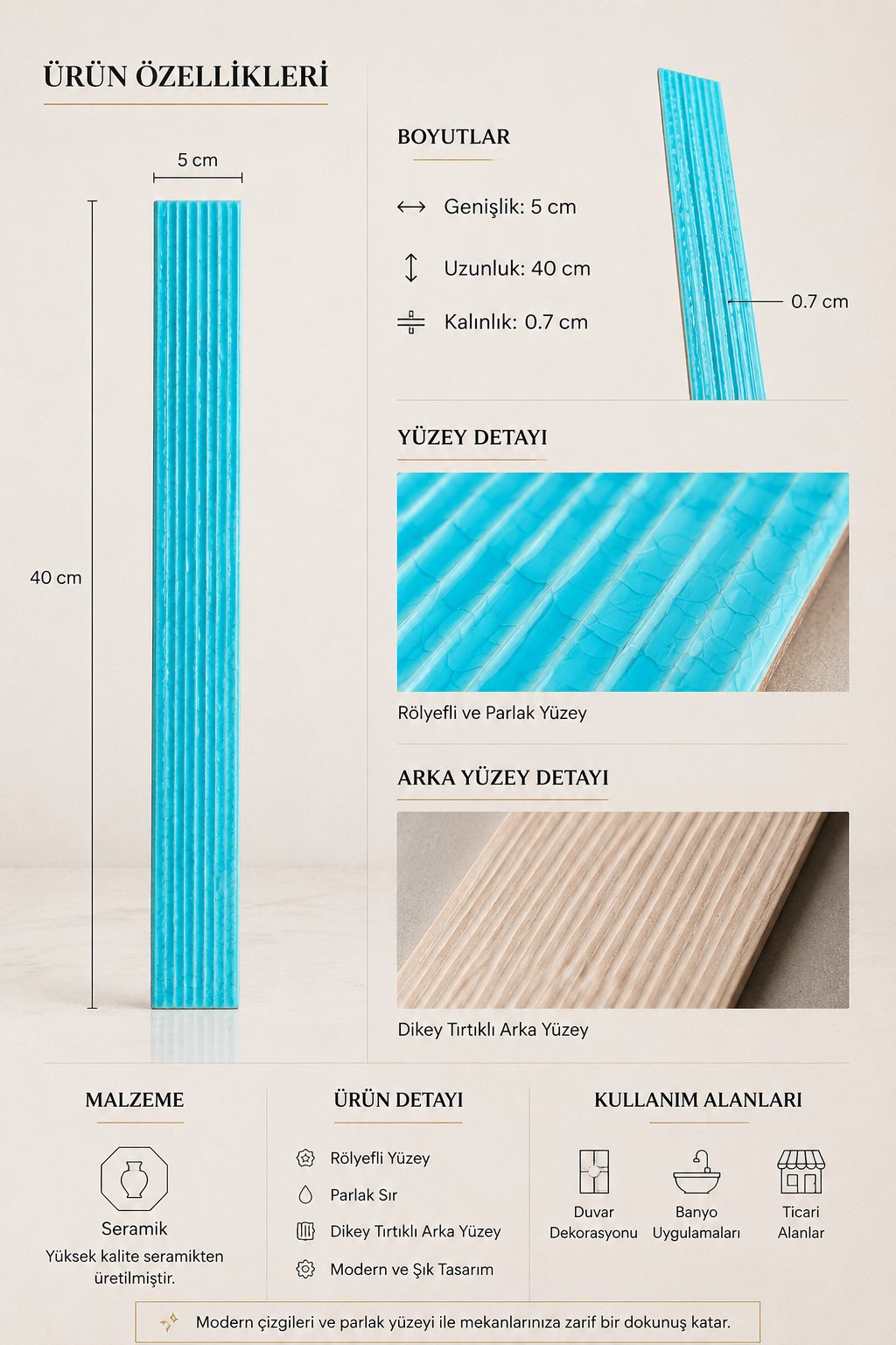 Armada Çini 5X40  FLAT Çizgili Turkuaz  Çini Seramik