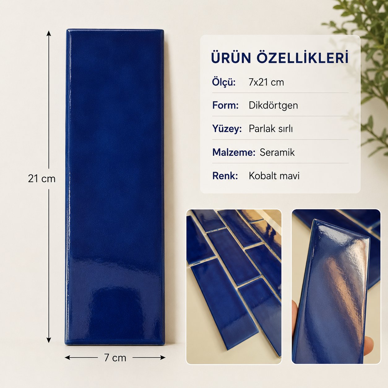 Armada Çini 7x21 Cm Düz Kobalt  Çini Seramik