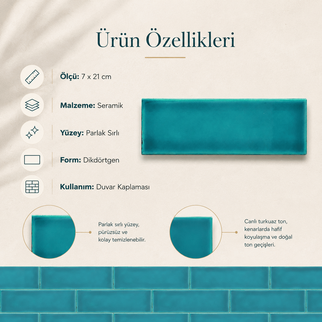 Armada Çini 7x21 Cm Düz Turkuaz  Çini Seramik