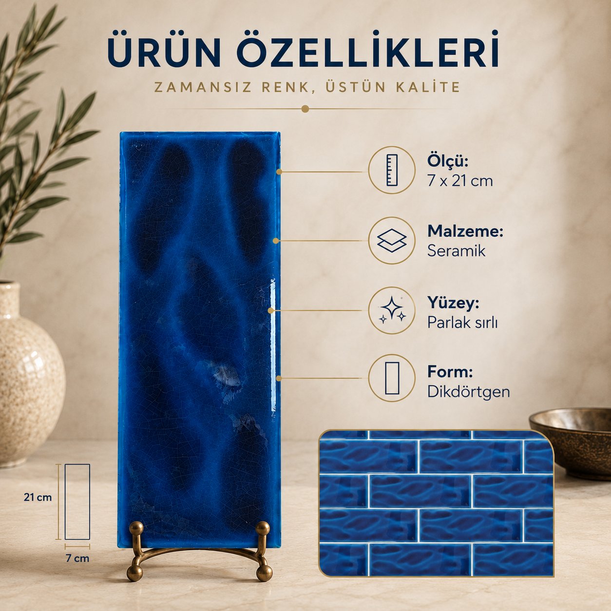 Armada Çini 7x21 Cm Gölgeli Petrol Mavisi Çini Seramik 