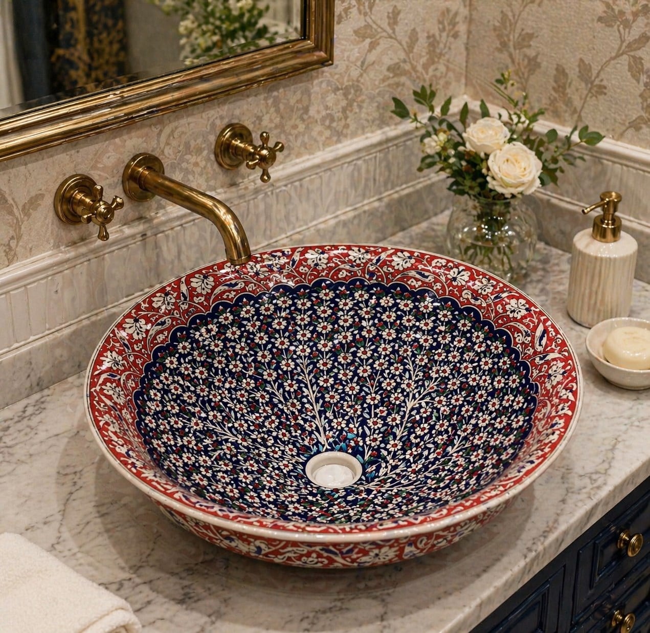 Armada Çini Hayat Ağacı Desenli El Yapımı Tezgah Üstü Çini Lavabo