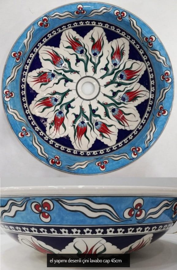 Armada Çini İznik Mavi Desenli El Yapımı Tezgah Üstü Çini Lavabo