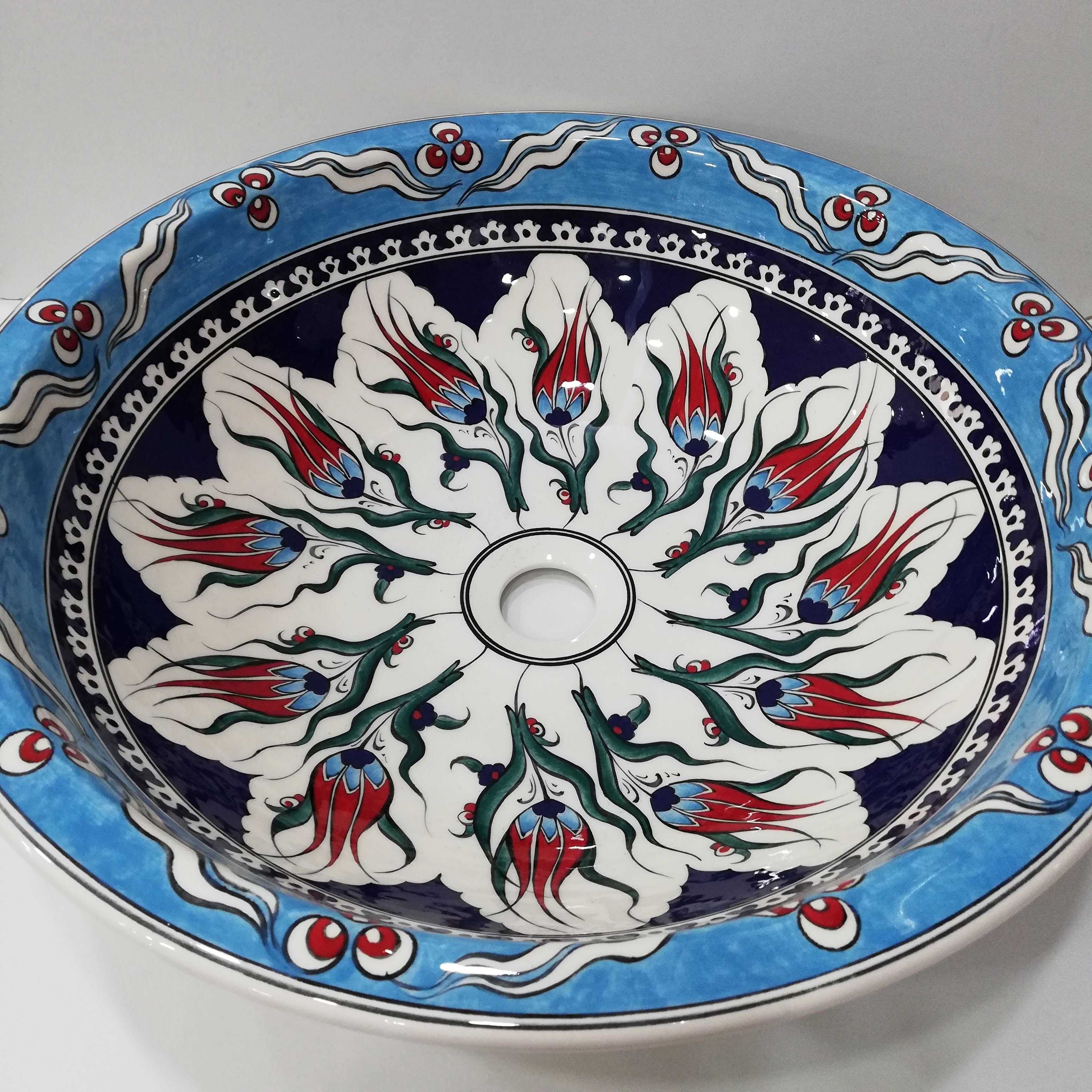 Armada Çini İznik Mavi Desenli El Yapımı Tezgah Üstü Çini Lavabo