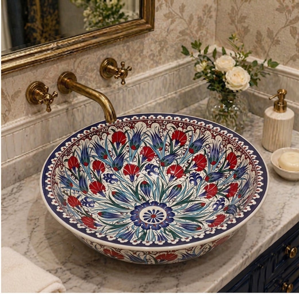 Armada Çini Karanfil Desenli El Yapımı Tezgah Üstü Çini Lavabo