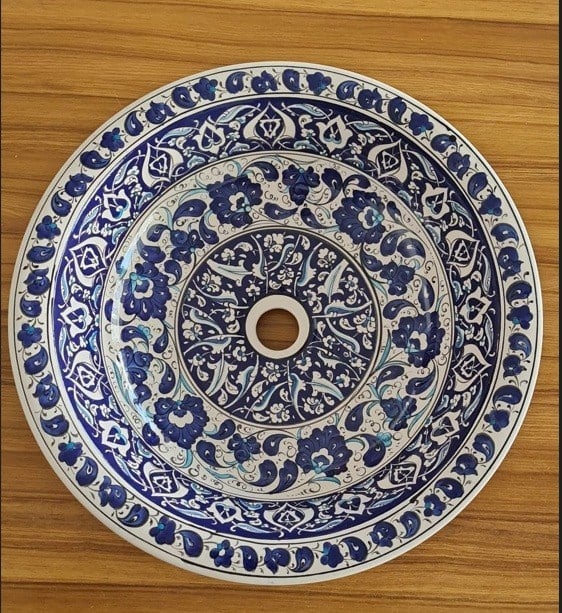 Armada Çini Kobalt Şakayık Desenli El Yapımı Tezgah Üstü Çini Lavabo