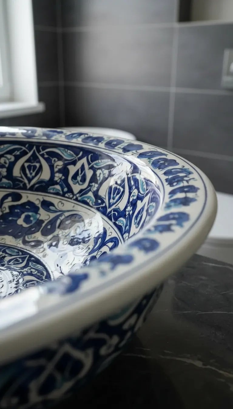 Armada Çini Kobalt Şakayık Desenli El Yapımı Tezgah Üstü Çini Lavabo