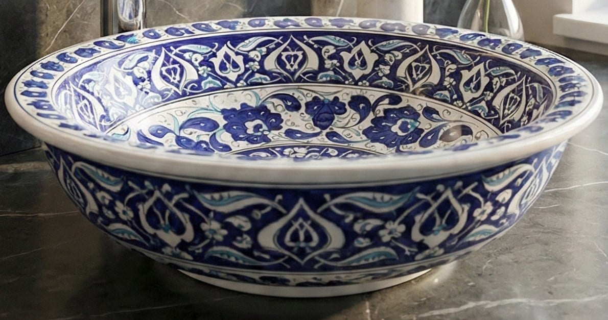 Armada Çini Kobalt Şakayık Desenli El Yapımı Tezgah Üstü Çini Lavabo