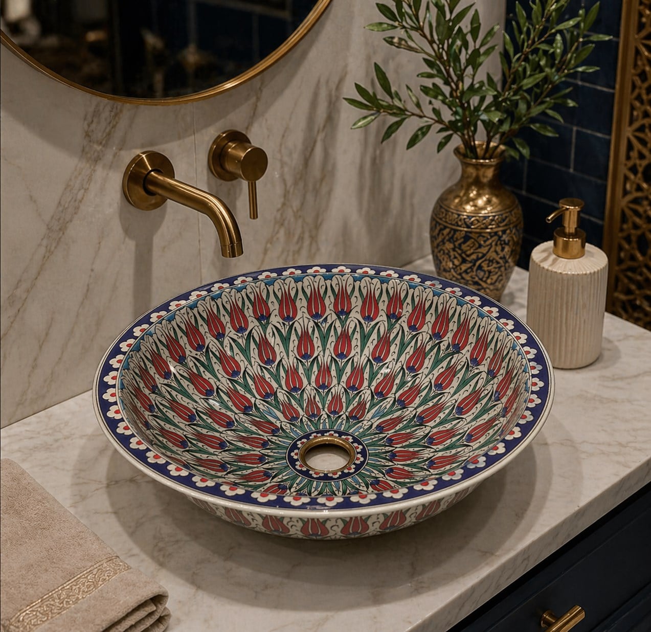 Armada Çini Lalezar Desenli El Yapımı Tezgah Üstü Çini Lavabo