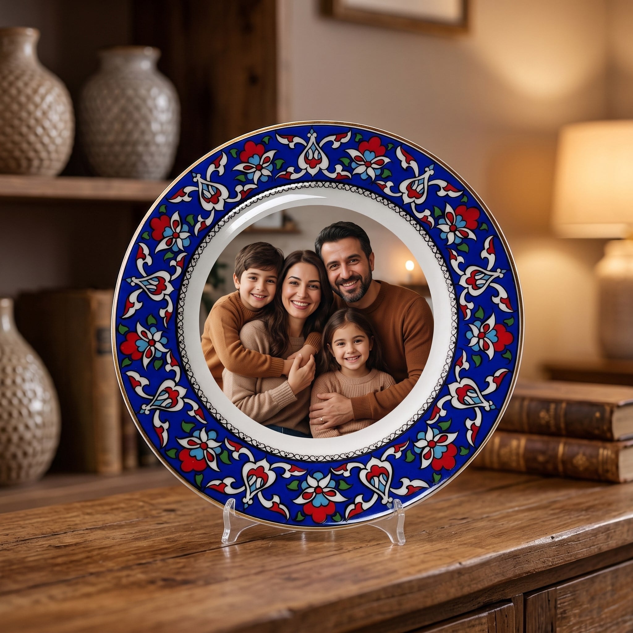 Armada Çini PRT 123 25 cm iznik mavi çiçek desenli  porselen Kaligrafi çini tabak