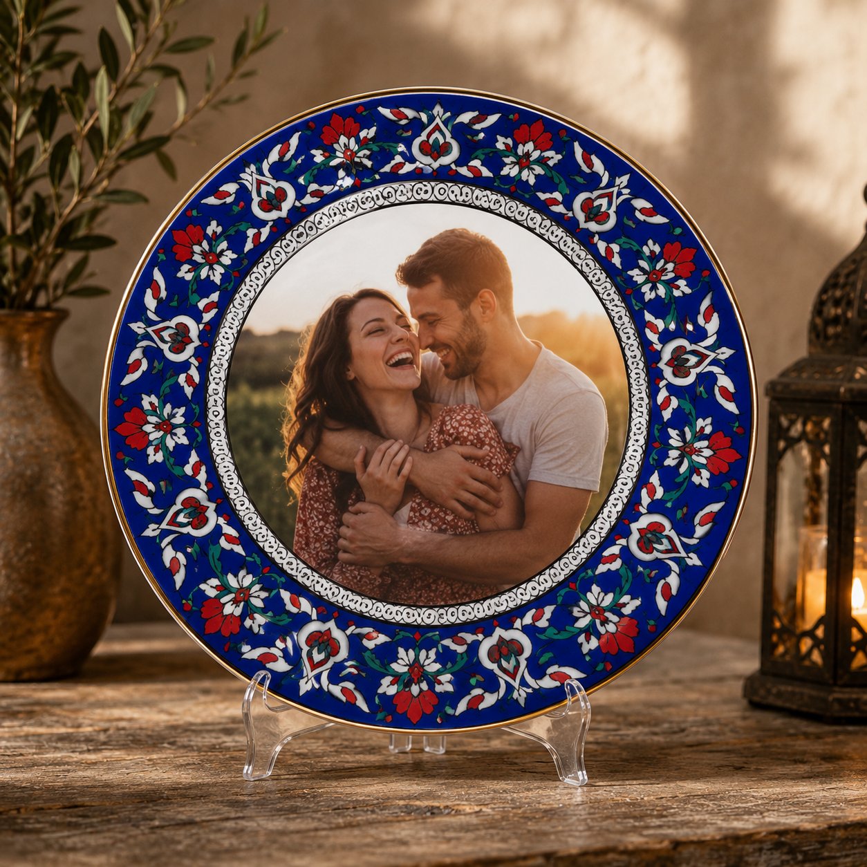 Armada Çini PRT 123 25 cm iznik mavi çiçek desenli  porselen Kaligrafi çini tabak