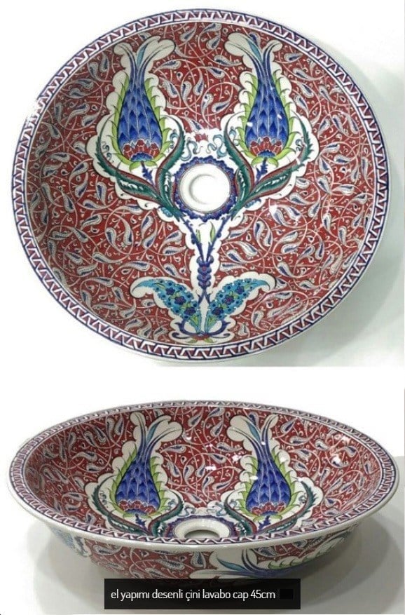 Armada Çini Şahlale Desenli El Yapımı Tezgah Üstü Çini Lavabo