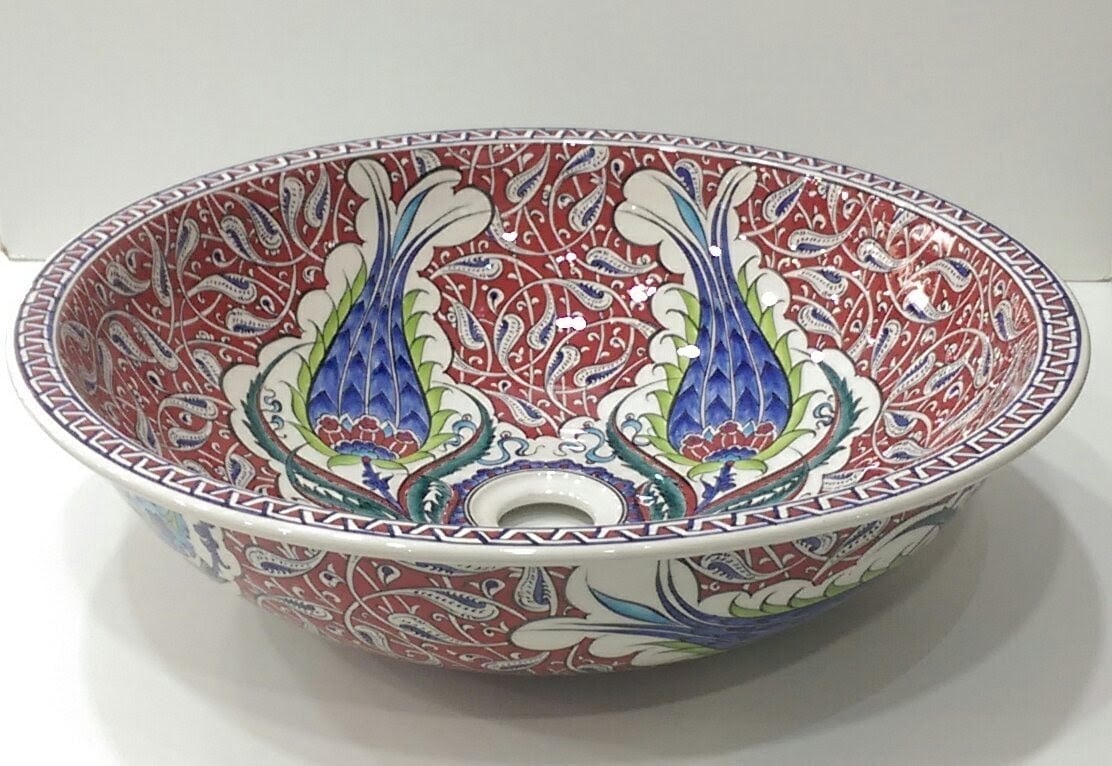 Armada Çini Şahlale Desenli El Yapımı Tezgah Üstü Çini Lavabo