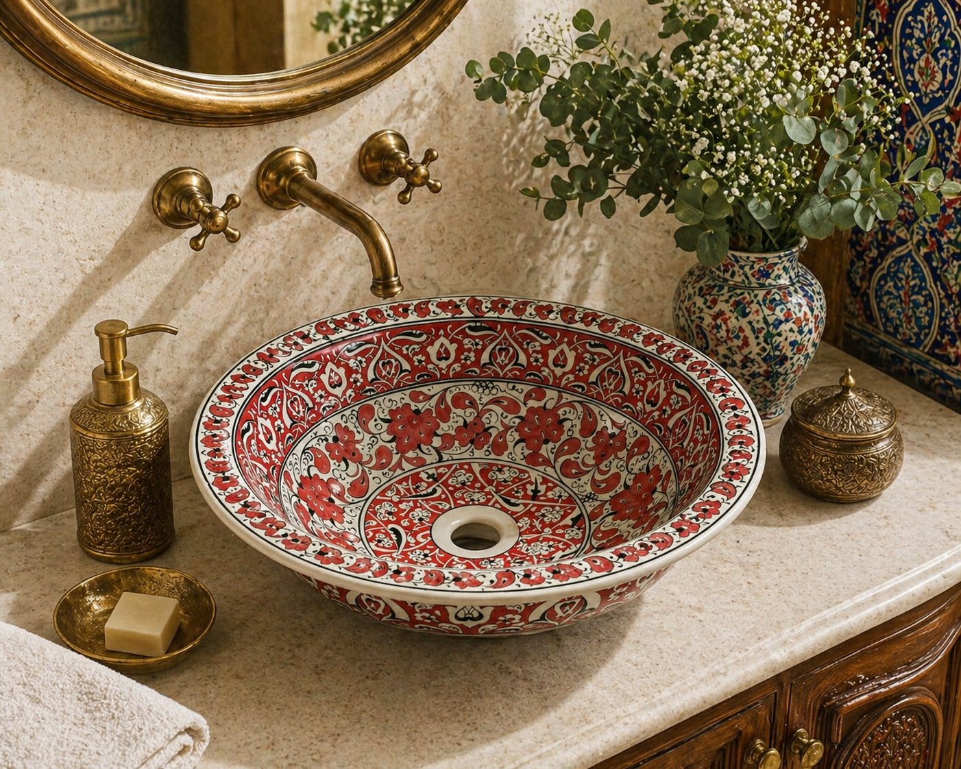 Armada Çini Şakayık Desenli El Yapımı Tezgah Üstü Çini Lavabo