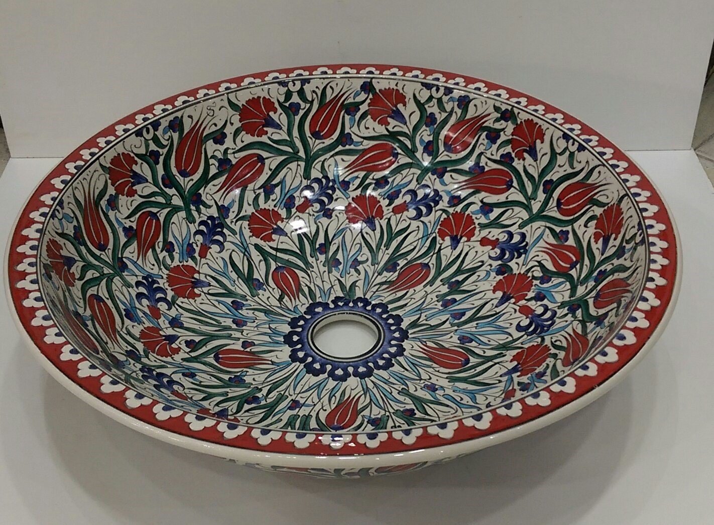 Armada Çini Yaprak Desenli El Yapımı Tezgah Üstü Çini Lavabo
