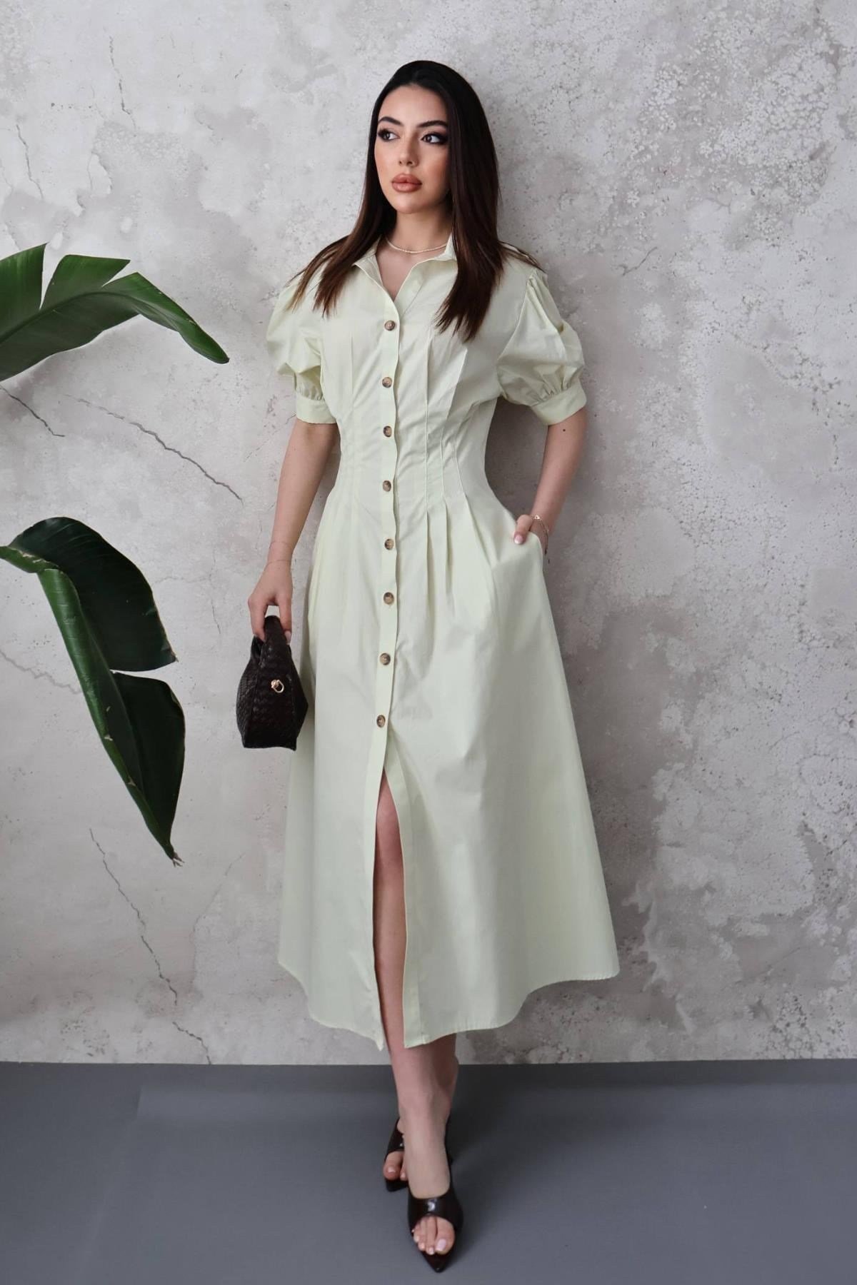 Mint Pileli Poplin Elbise